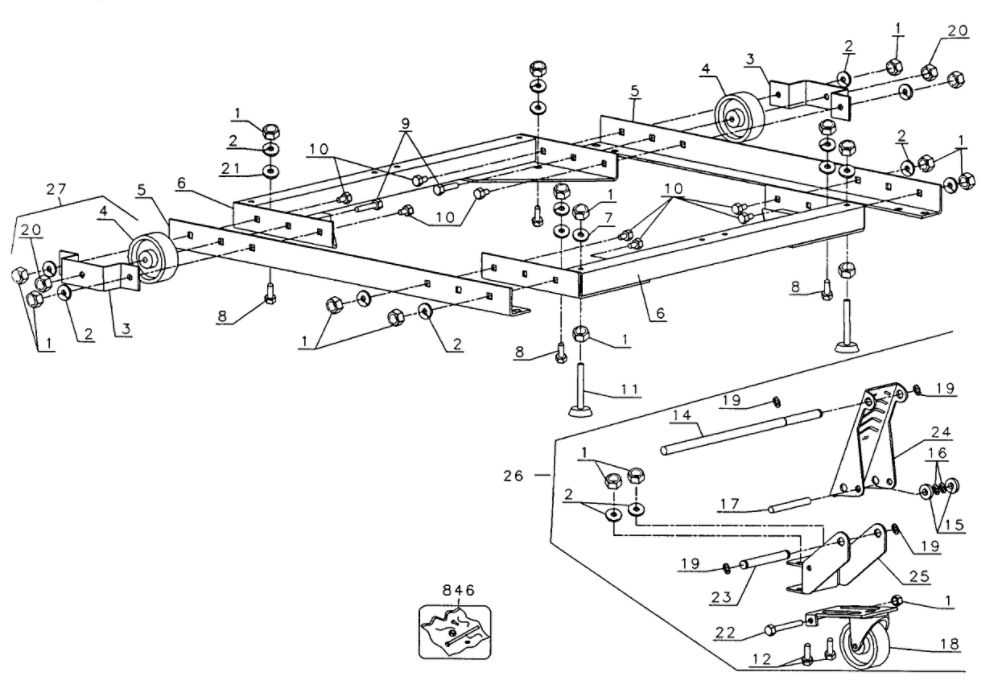 Moble Base Diagram and Parts List for DW746TY1  Black and Decker Table Saw